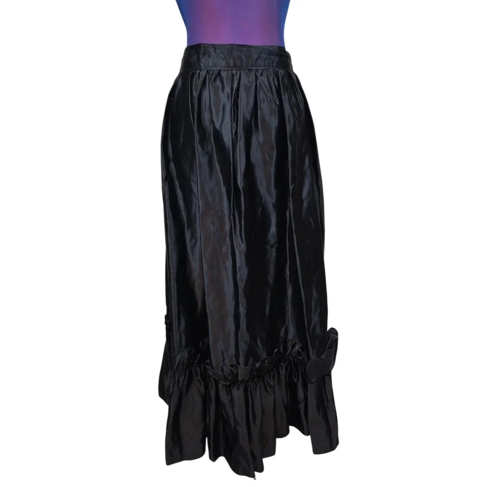 Vintage Black Satin Maxi Skirt Ruffle Hem High Waisted Formal Goth Evening